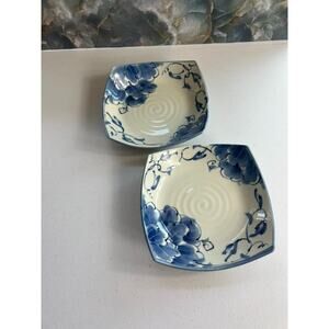 Asian Bowl Set of 2 8" Square Blue Floral Pottery Ceramics